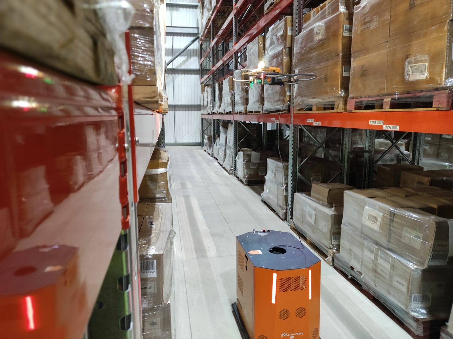 inventAIRy XL autonomous inventory drone solution scanning pallets in a warehouse in Swindon, UK.
