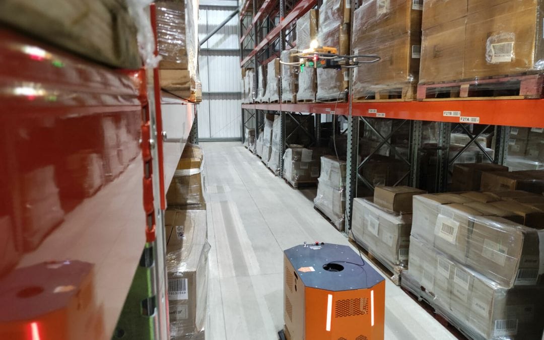 inventAIRy XL autonomous inventory drone solution scanning pallets in a warehouse in Swindon, UK.