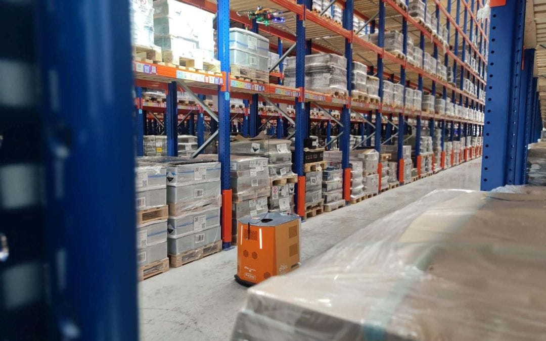 Automated warehouse inventory drone and AMR solution scanning pallets in a UK Distribution Centre