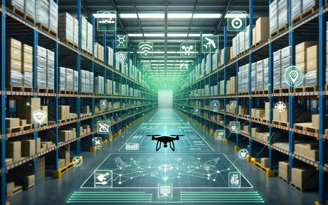 This image depicts the inside of a modern warehouse, showcasing a digital mesh network that illustrates an advanced inventory management process. Symbols of efficiency (green), accuracy (blue), and safety (yellow) are embedded within the scene, highlighting key operational goals.