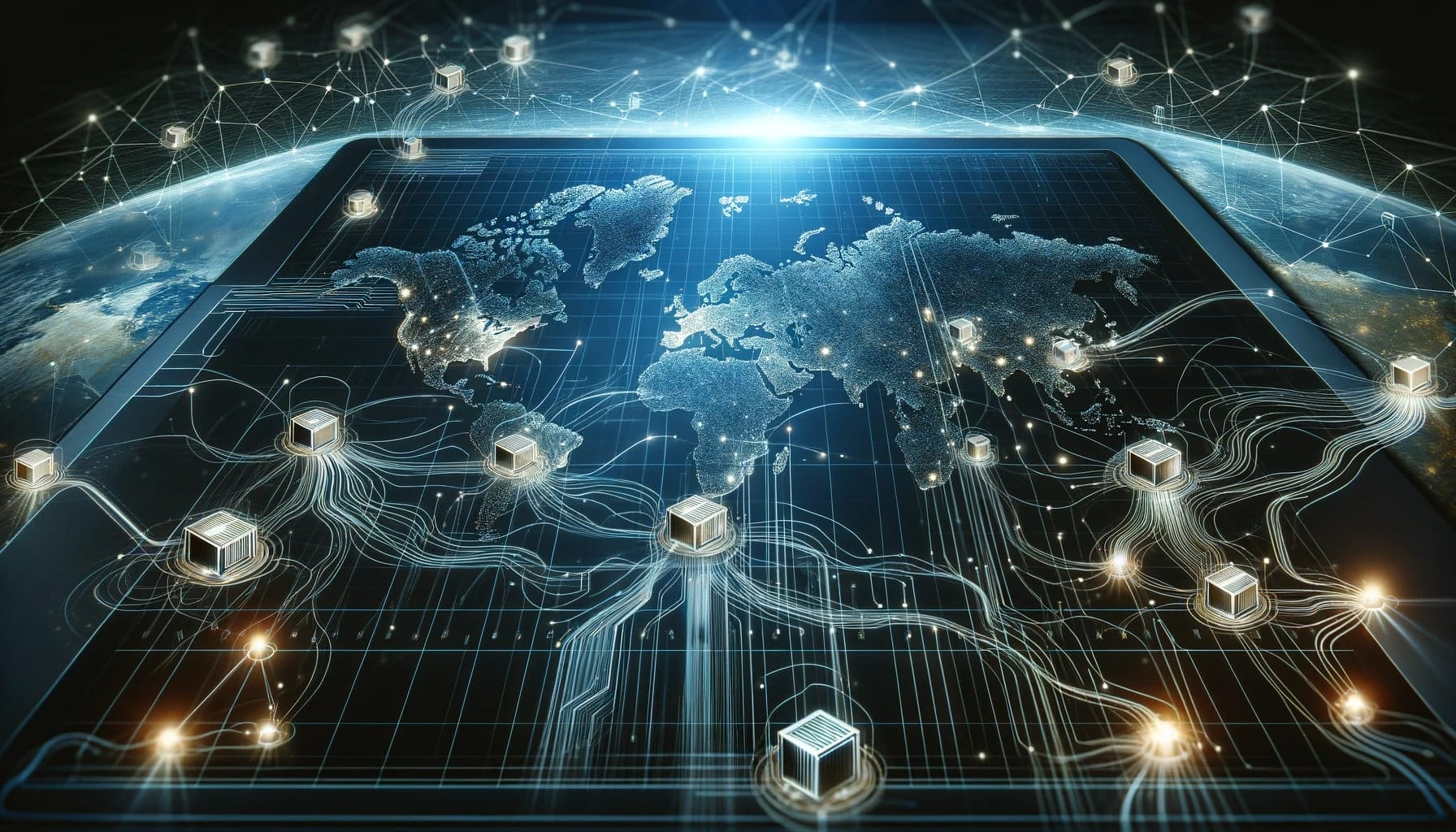 Digital global logistics network with interconnected warehouse nodes and flowing data lines, representing Big Data optimisation in supply chain management.