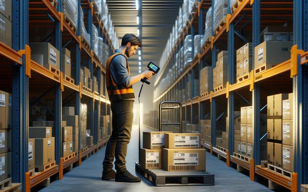Human worker conducting a manual stocktake in a warehouse, using a handheld barcode scanner.